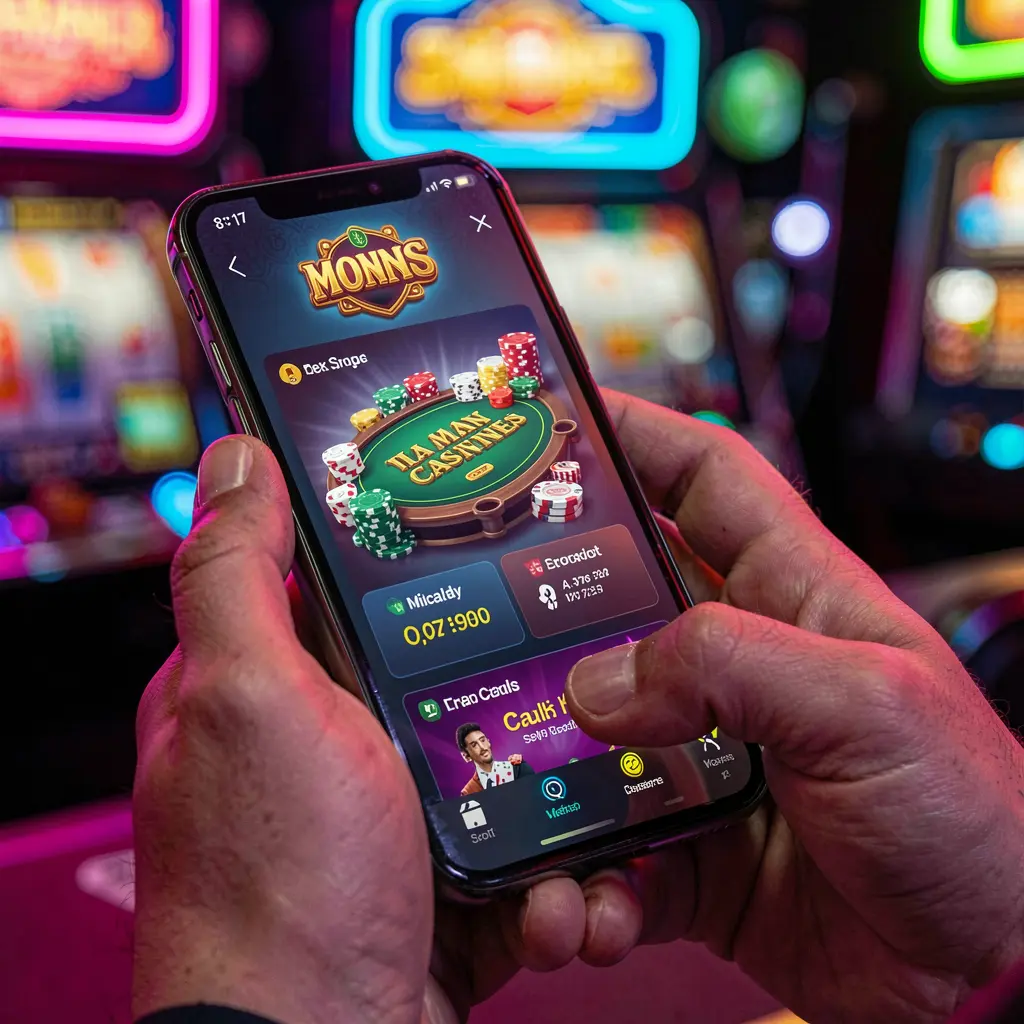 GGG888 App – Enjoy immersive mobile casino gaming anytime in Indonesia Cinematic night scene with a person using the GGG888 casino app on a smartphone showing colorful slot games and neon casino visuals