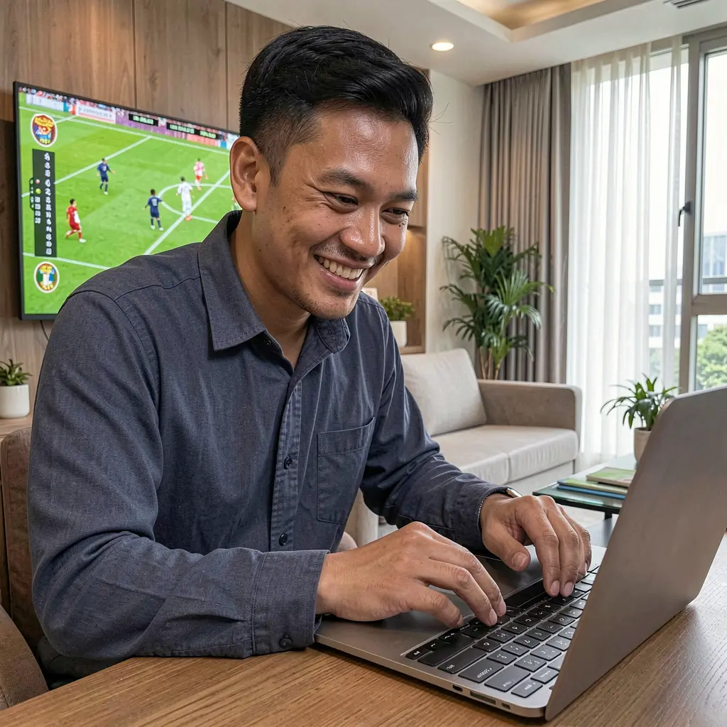 Confident Indonesian player placing live sports bets on a laptop with GGG888 while following a football match on TV at home