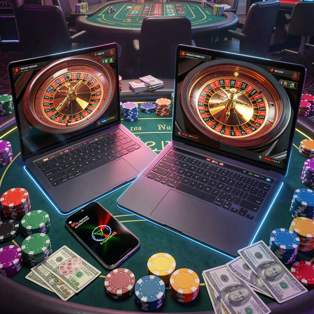 GGG888 – Enjoy smooth and modern casino gameplay on any device Modern digital roulette displayed on a smartphone and laptop surrounded by casino chips representing the high tech gaming style of GGG888 in Indonesia