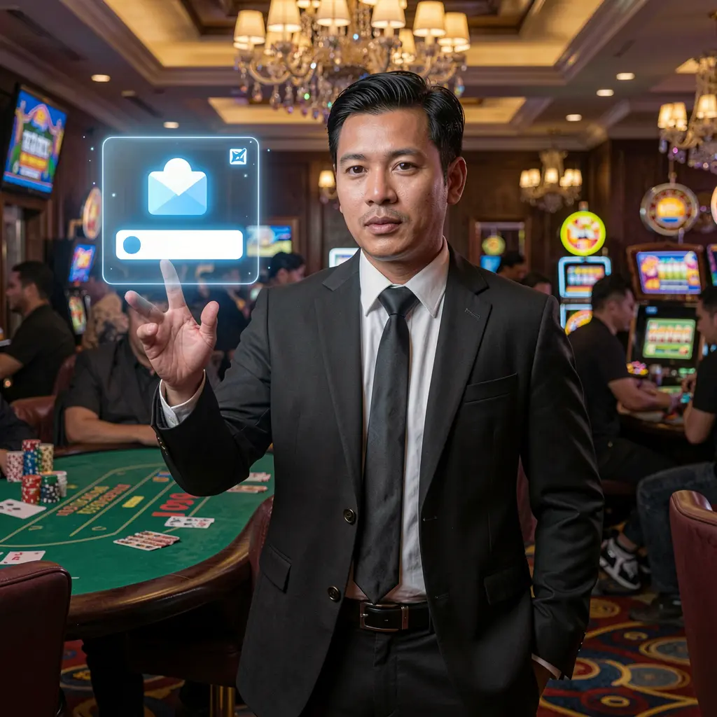 Indonesian casino professional presenting a futuristic floating login button in a vibrant casino setting representing secure access at GGG888
