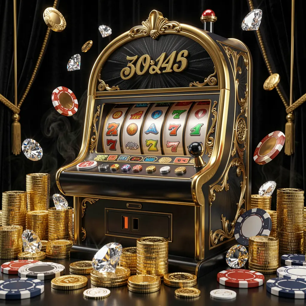 Elegant black and gold slot machine with classic symbols and glowing lights surrounded by coins showcasing the premium slot experience at GGG888 Indonesia